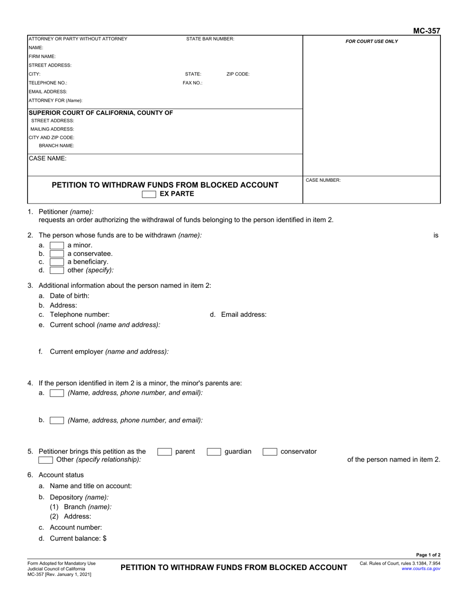 Form MC-357 Petition to Withdraw Funds From Blocked Account - California, Page 1