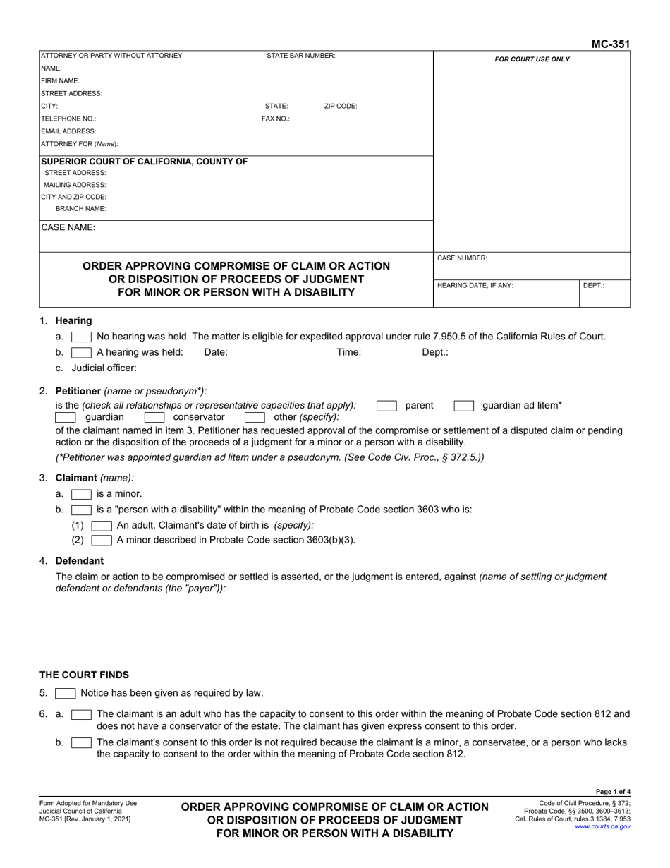 Form MC-351 Order Approving Compromise of Claim or Action or Disposition of Proceeds of Judgment for Minor or Person With a Disability - California, Page 1