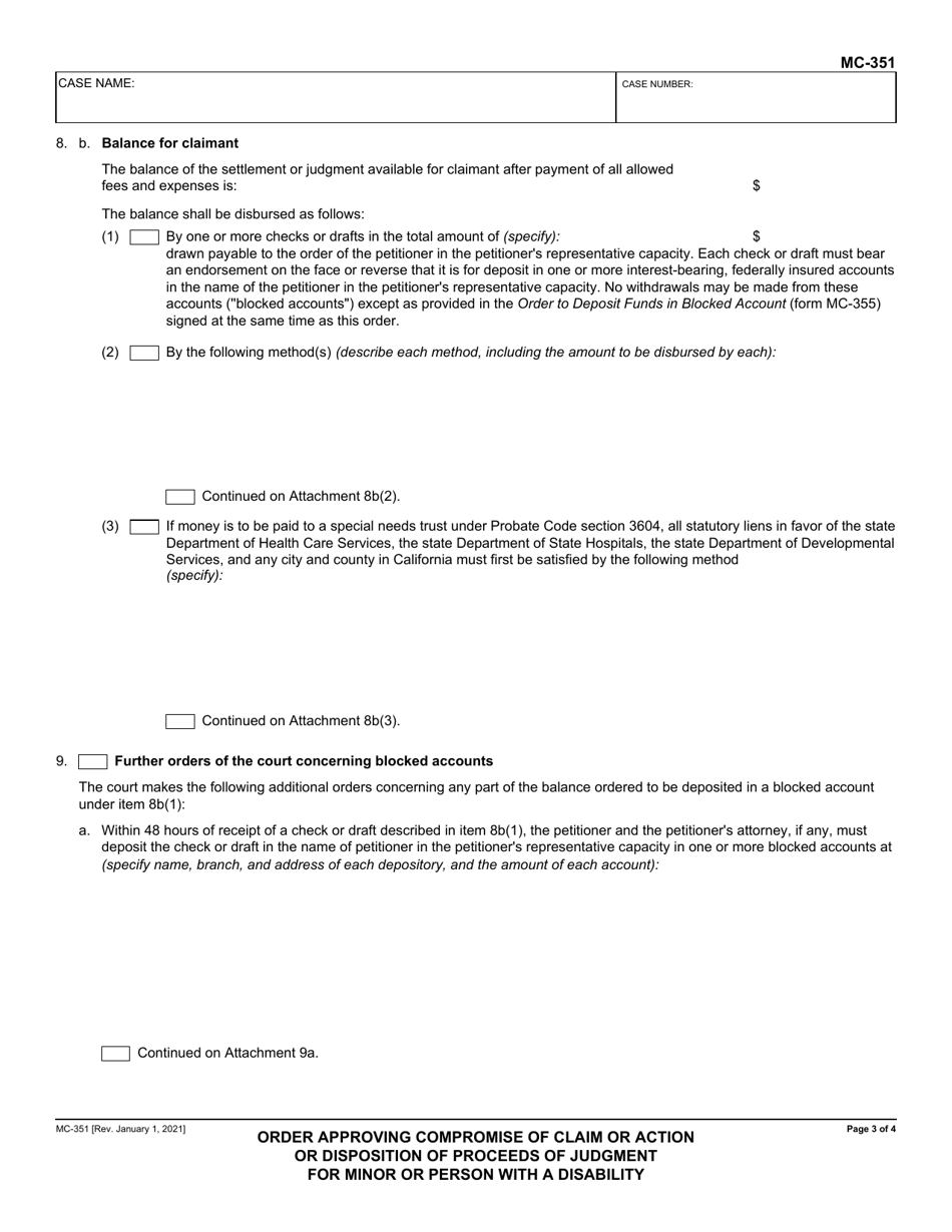 Form MC-351 Order Approving Compromise of Claim or Action or Disposition of Proceeds of Judgment for Minor or Person With a Disability - California, Page 3