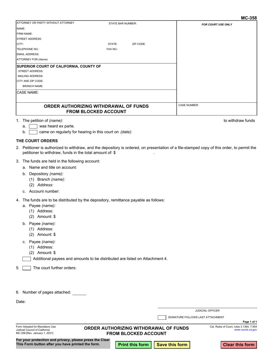 Form MC-358 Order Authorizing Withdrawal of Funds From Blocked Account - California, Page 1
