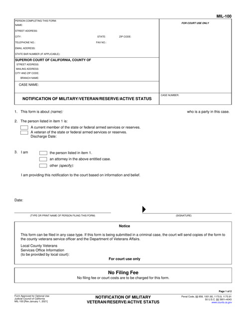 Form MIL-100 Notification of Military Veteran/Reserve/Active Status - California