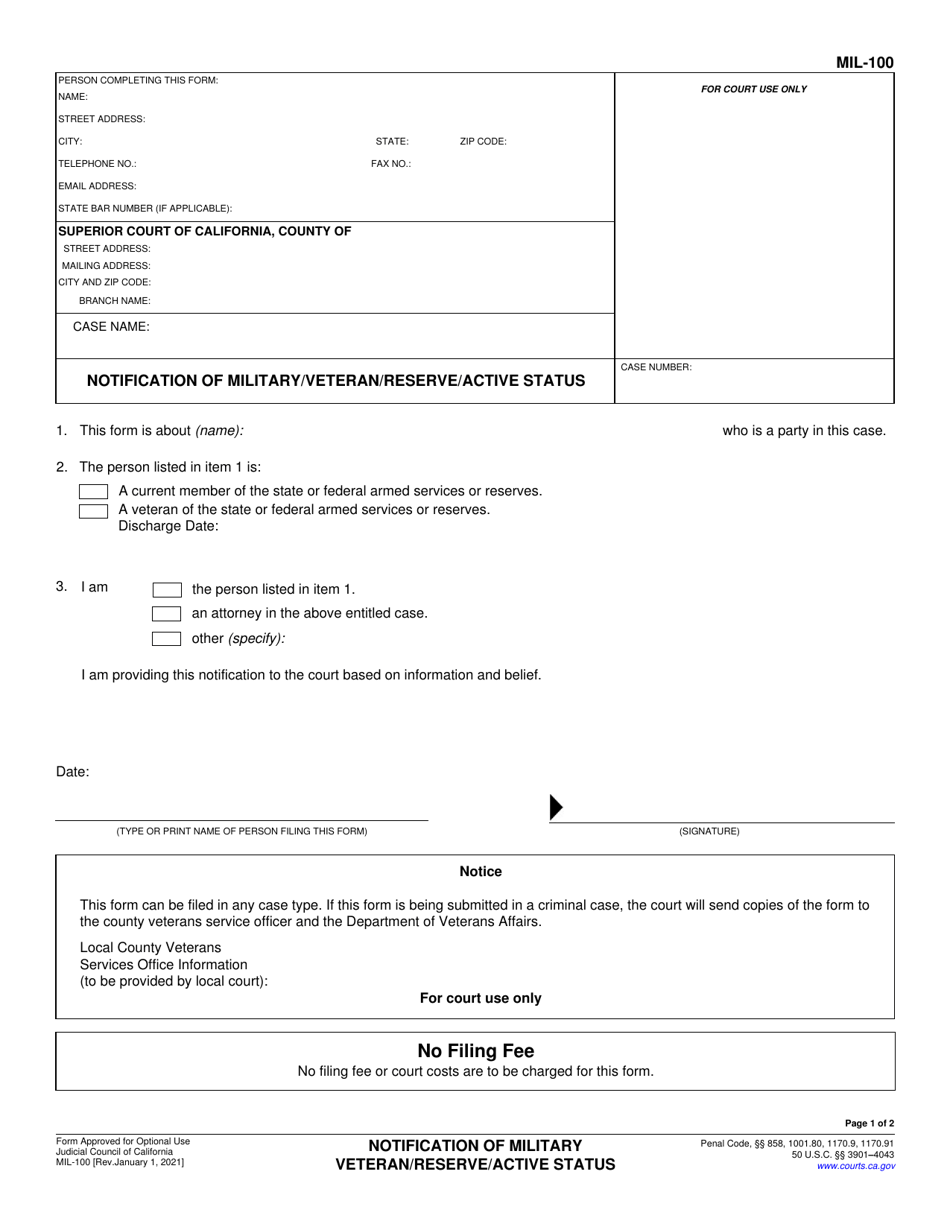 Form MIL-100 Notification of Military Veteran / Reserve / Active Status - California, Page 1