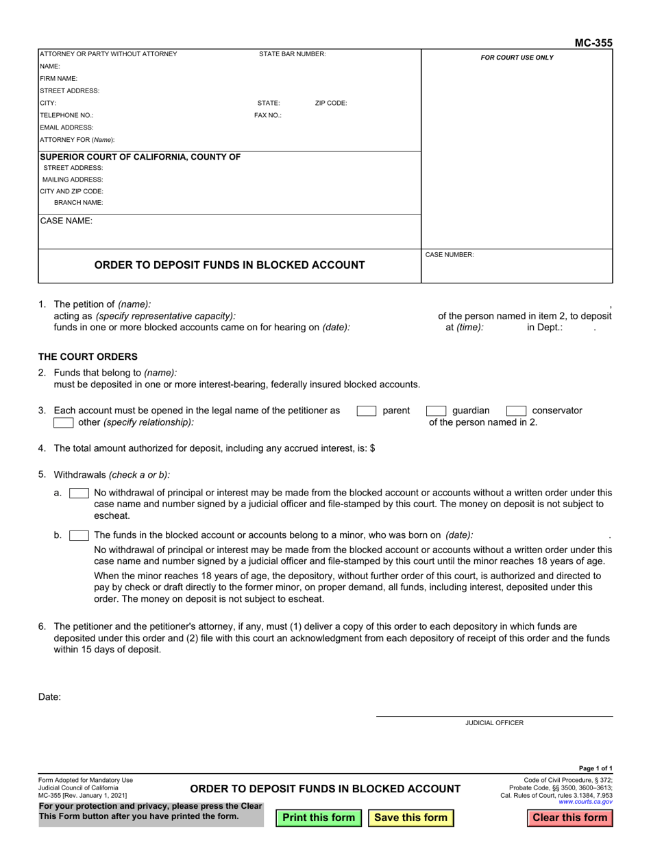 Form MC-355 Order to Deposit Funds Into Blocked Account - California, Page 1