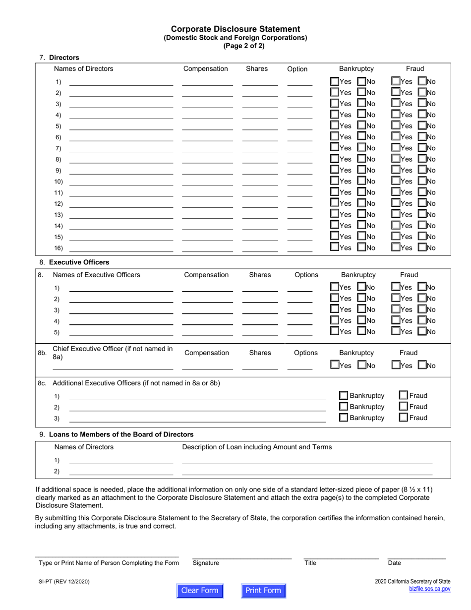 Form SI-PT Corporate Disclosure Statement (Domestic Stock and Foreign Corporations) - California, Page 8