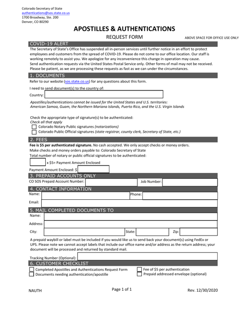 Apostilles & Authentications Request Form - Colorado Download Pdf