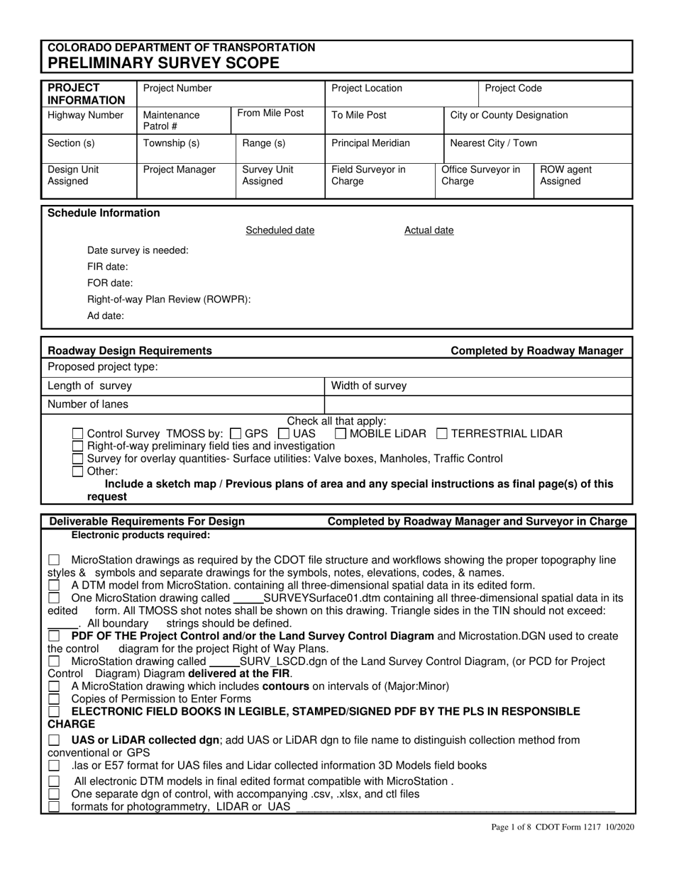 CDOT Form 1217 Preliminary Survey Scope - Colorado, Page 1
