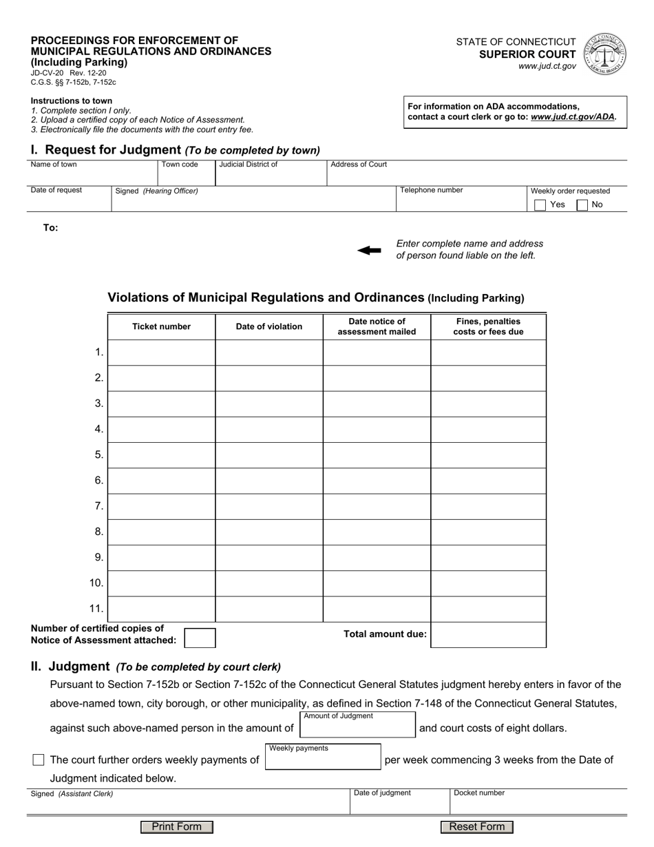 Form JD-CV-20 Proceedings for Enforcement of Municipal Regulations and Ordinances (Including Parking) - Connecticut, Page 1