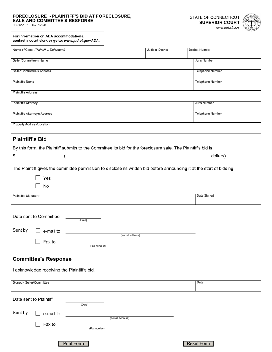 Form JD-CV-102 Foreclosure - Plaintiffs Bid at Foreclosure, Sale and Committees Response - Connecticut, Page 1
