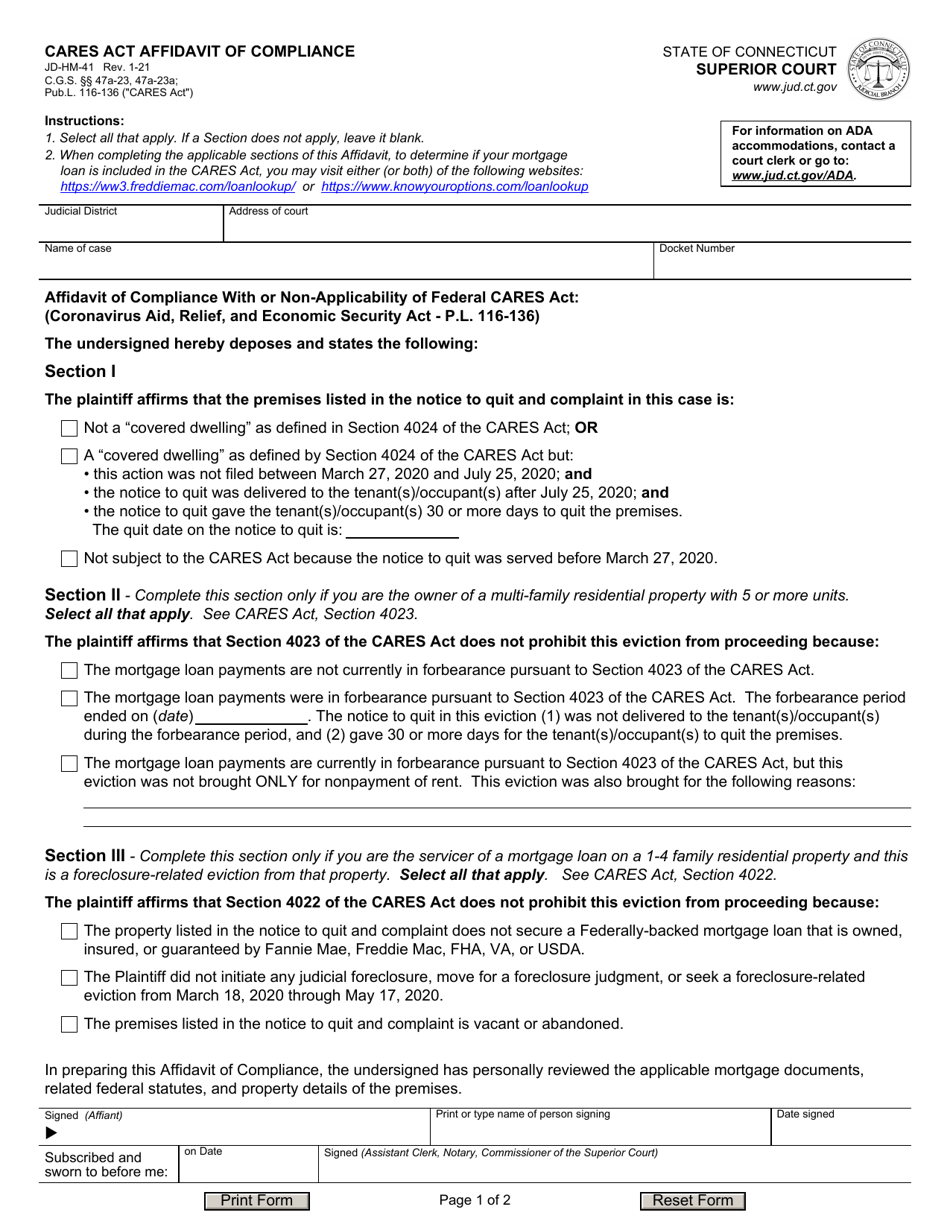 Form JD-HM-41 CARES Act Affidavit of Compliance - Connecticut, Page 1