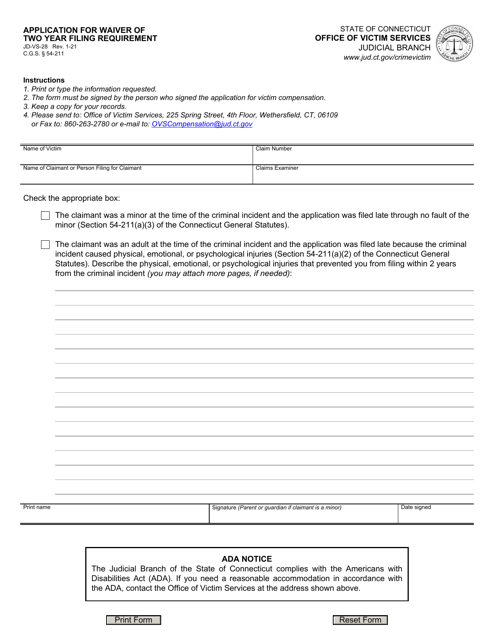 Form JD-VS-28 Application for Waiver of Two Year Filing Requirement - Connecticut