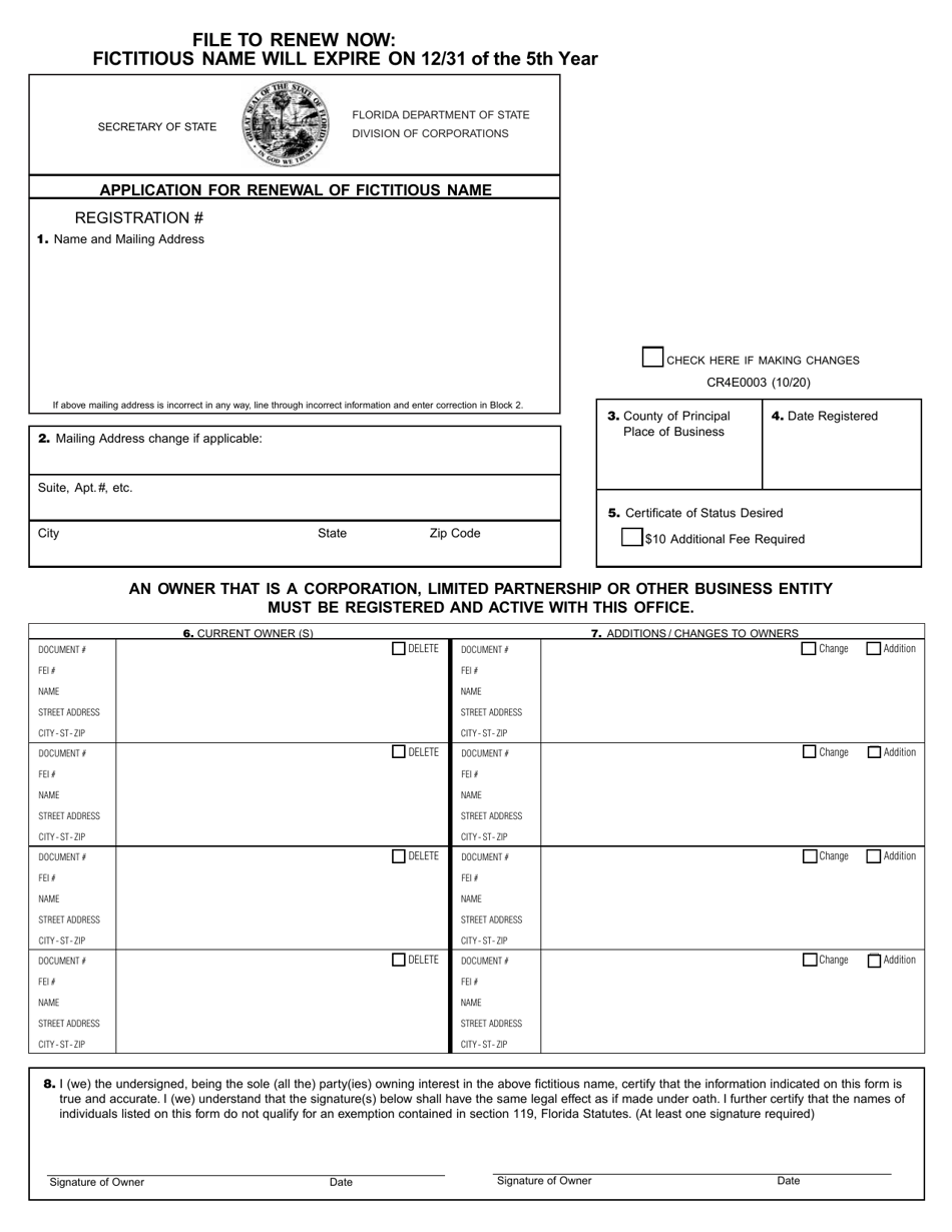 Form CR4E0003 Application for Renewal of Fictitious Name - Florida, Page 1