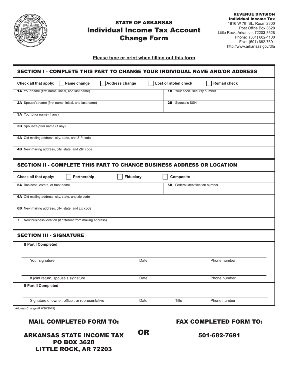 Individual Income Tax Account Change Form - Arkansas, Page 1
