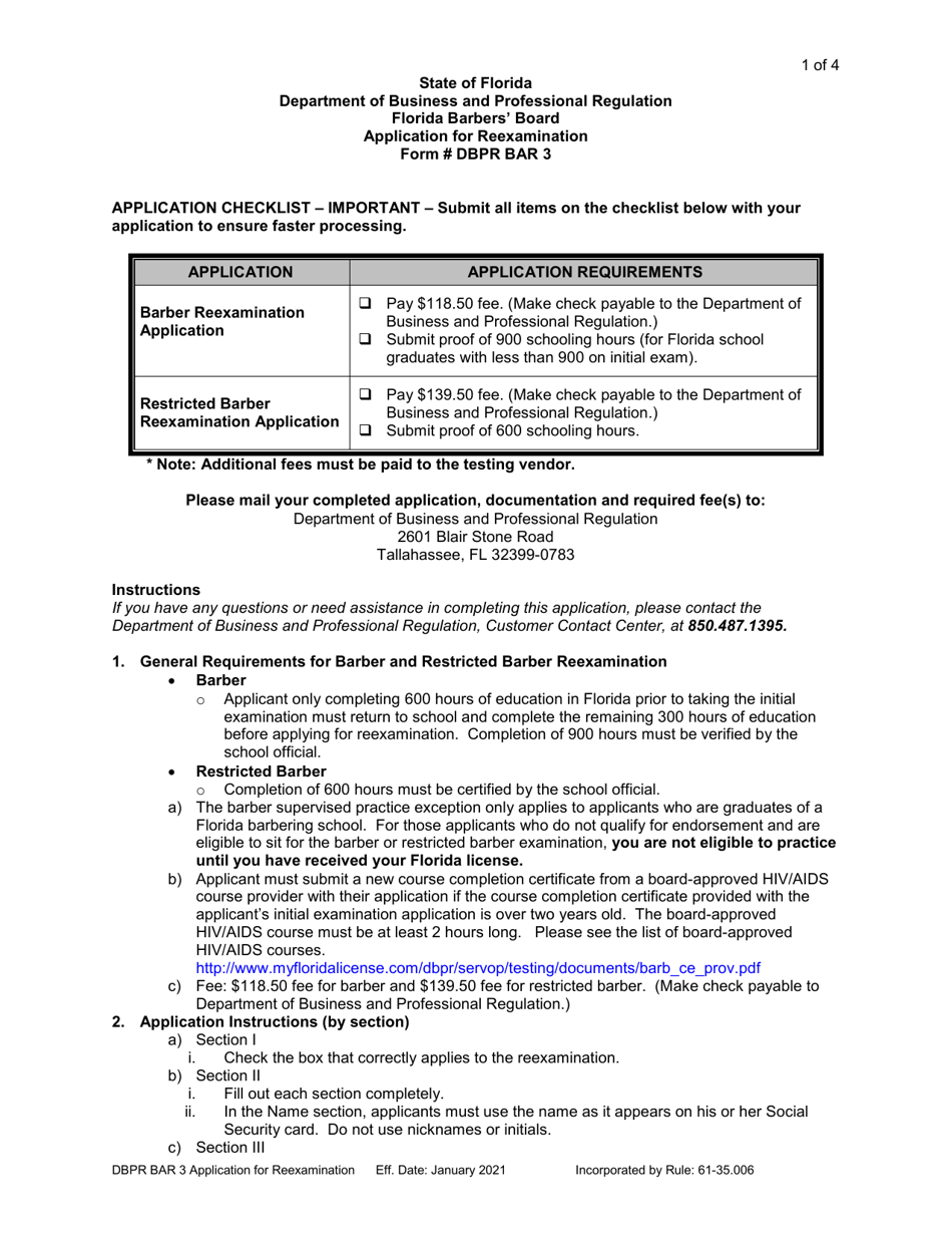 Form DBPR BAR3 Application for Reexamination - Florida, Page 1