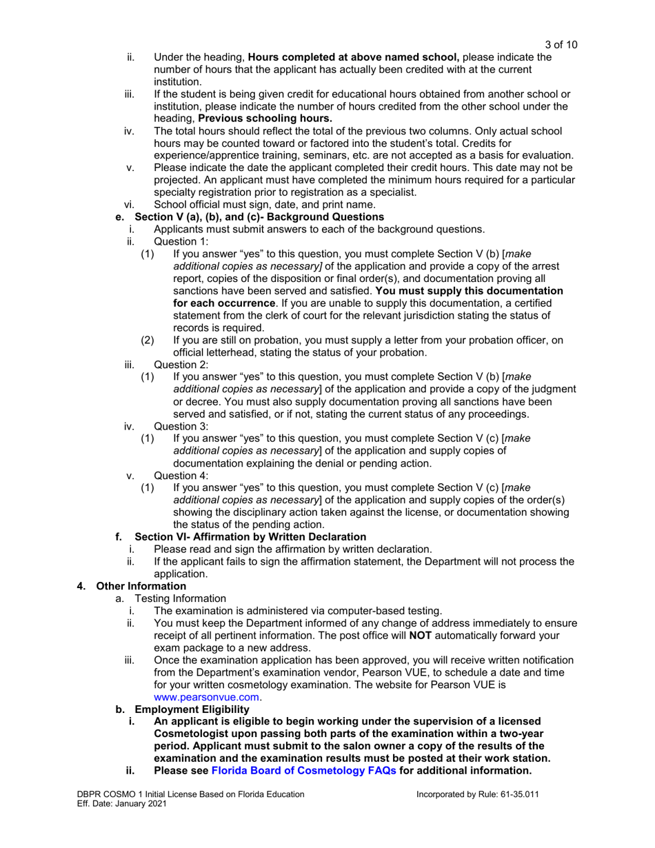 Form DBPR COSMO1 Application for Initial License Based on Florida Education - Florida, Page 3