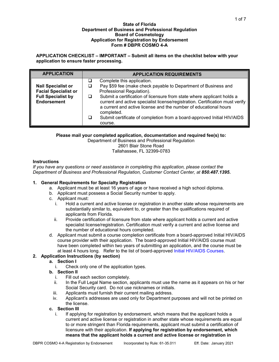 Form DBPR COSMO4-A Application for Registration by Endorsement - Florida, Page 1