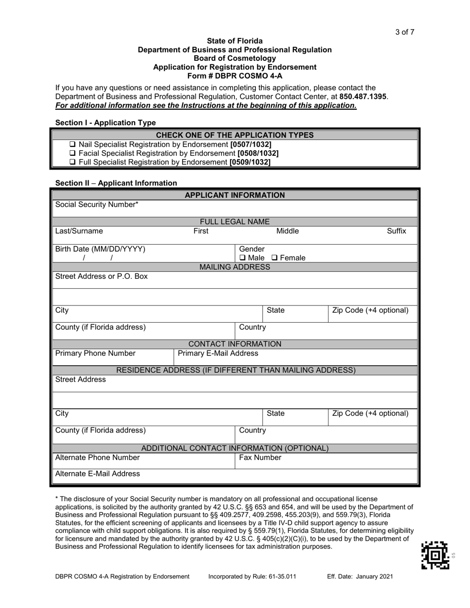 Form DBPR COSMO4-A Application for Registration by Endorsement - Florida, Page 3