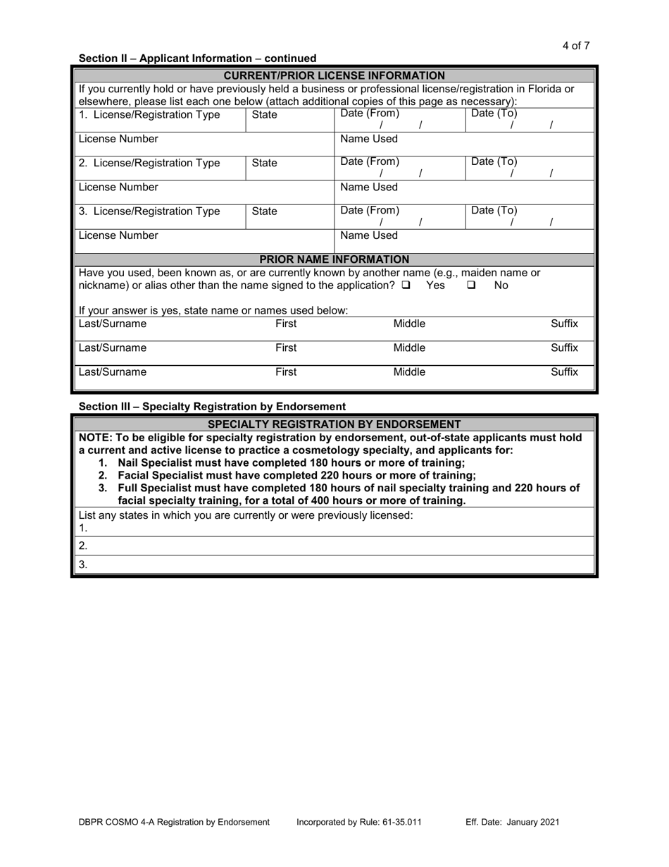 Form DBPR COSMO4-A Application for Registration by Endorsement - Florida, Page 4