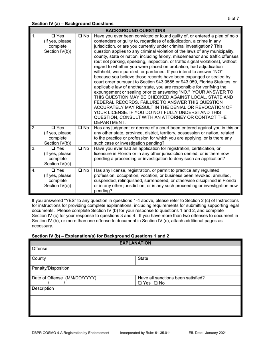 Form DBPR COSMO4-A Application for Registration by Endorsement - Florida, Page 5