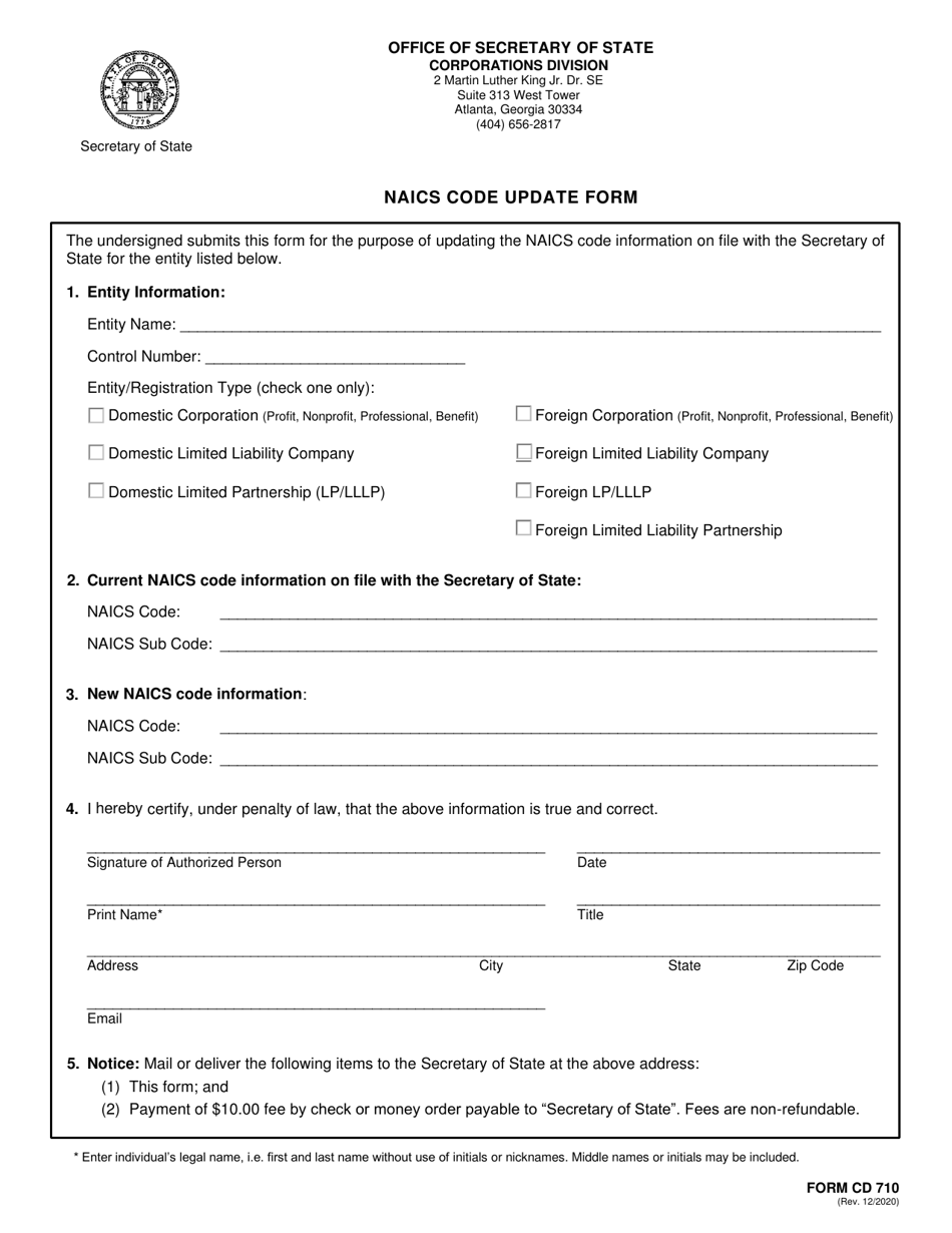 Form CD710 Naics Code Update Form - Georgia (United States), Page 1