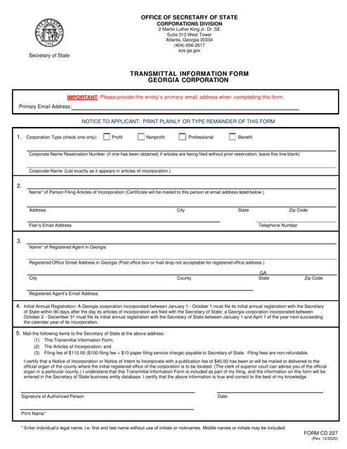 Form CD227 Transmittal Information Form Georgia Corporation - Georgia (United States)
