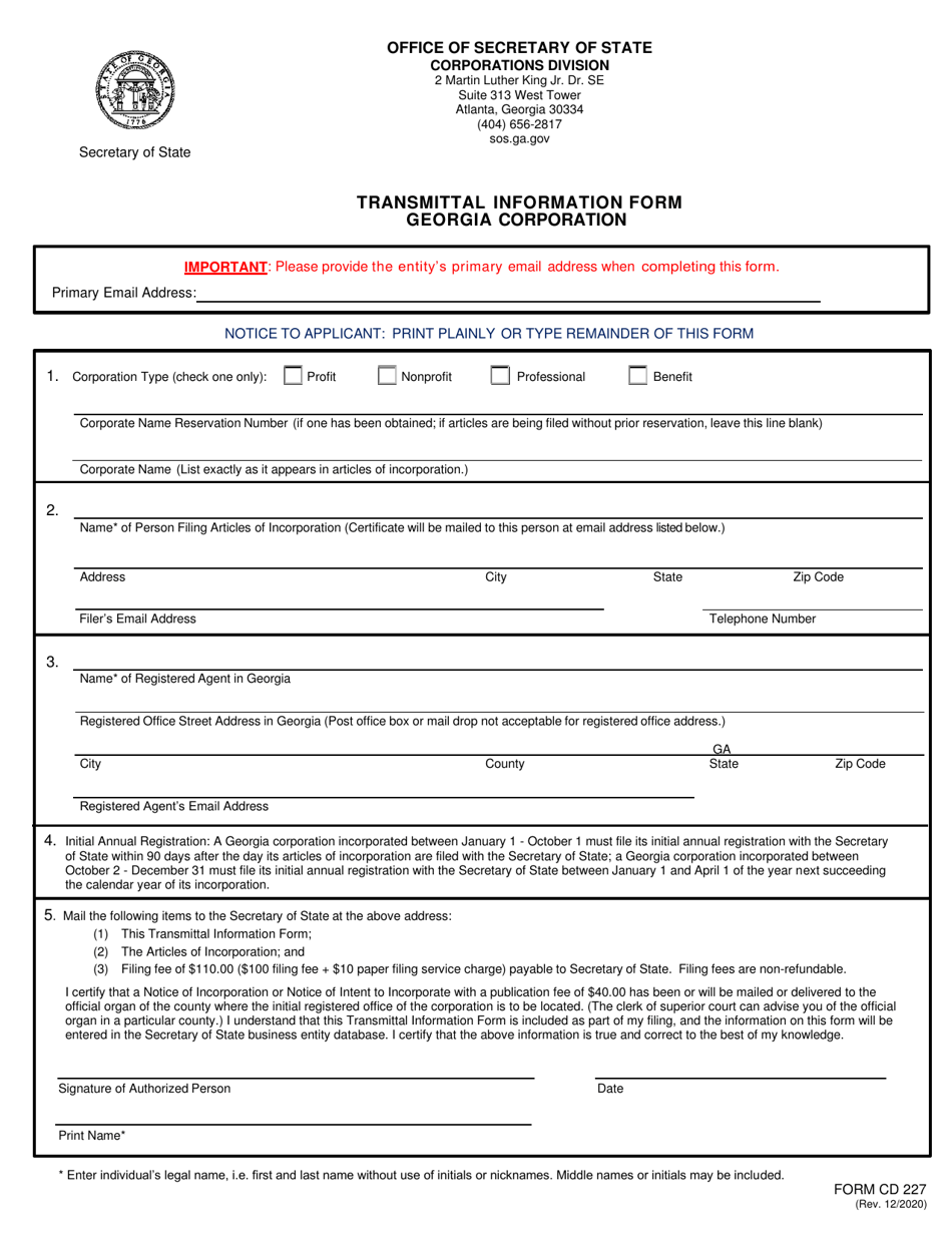 Form CD227 Transmittal Information Form Georgia Corporation - Georgia (United States), Page 1