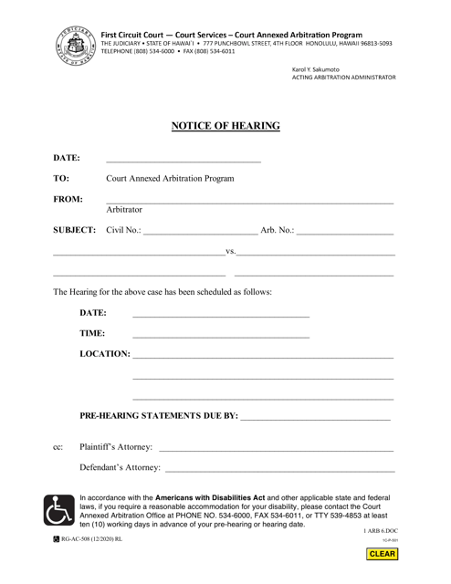 Form 1C-P-501 Notice of Hearing - Hawaii