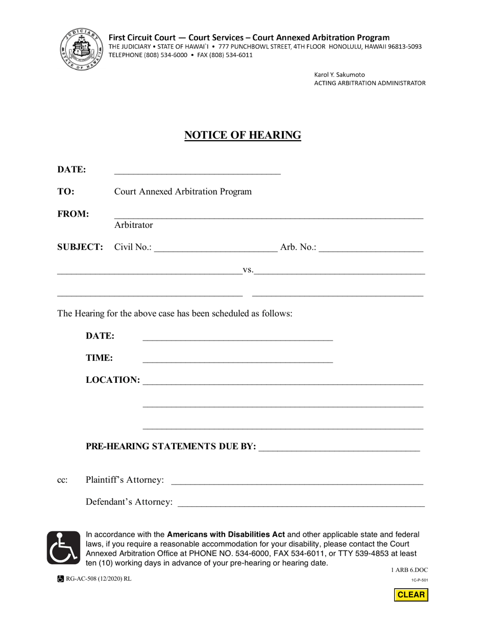 Form 1C-P-501 Notice of Hearing - Hawaii, Page 1