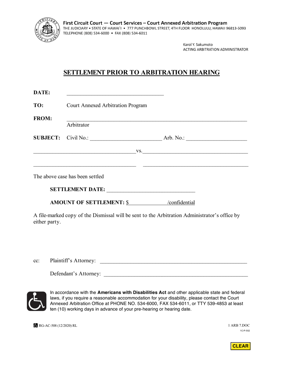 Form 1C-P-502 Settlement Prior to Arbitration Hearing - Hawaii, Page 1
