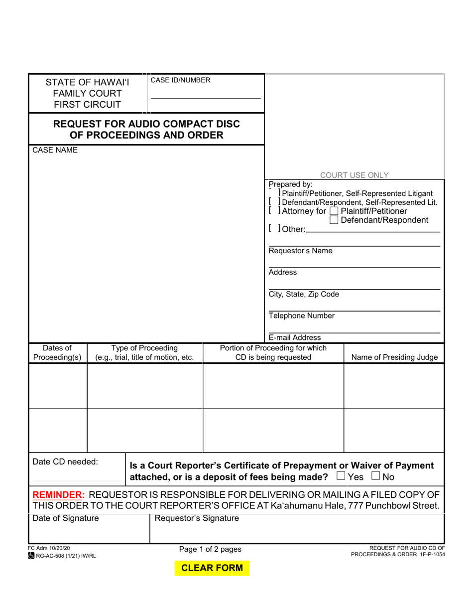 Form 1F-P-1054 Request for Audio Compact Disc of Proceedings and Order - Hawaii, Page 1