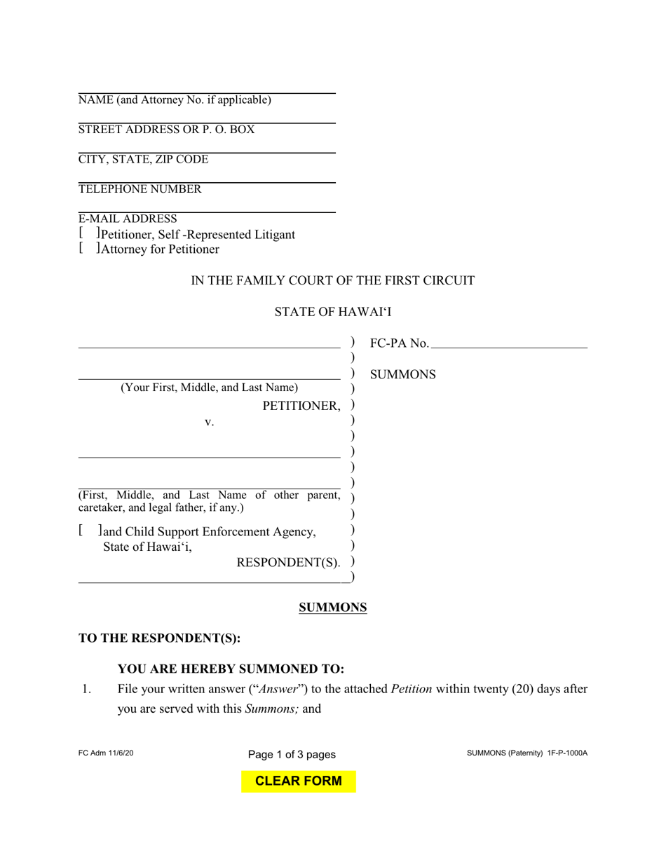 Form 1F-P-1000A Summons - Hawaii, Page 1