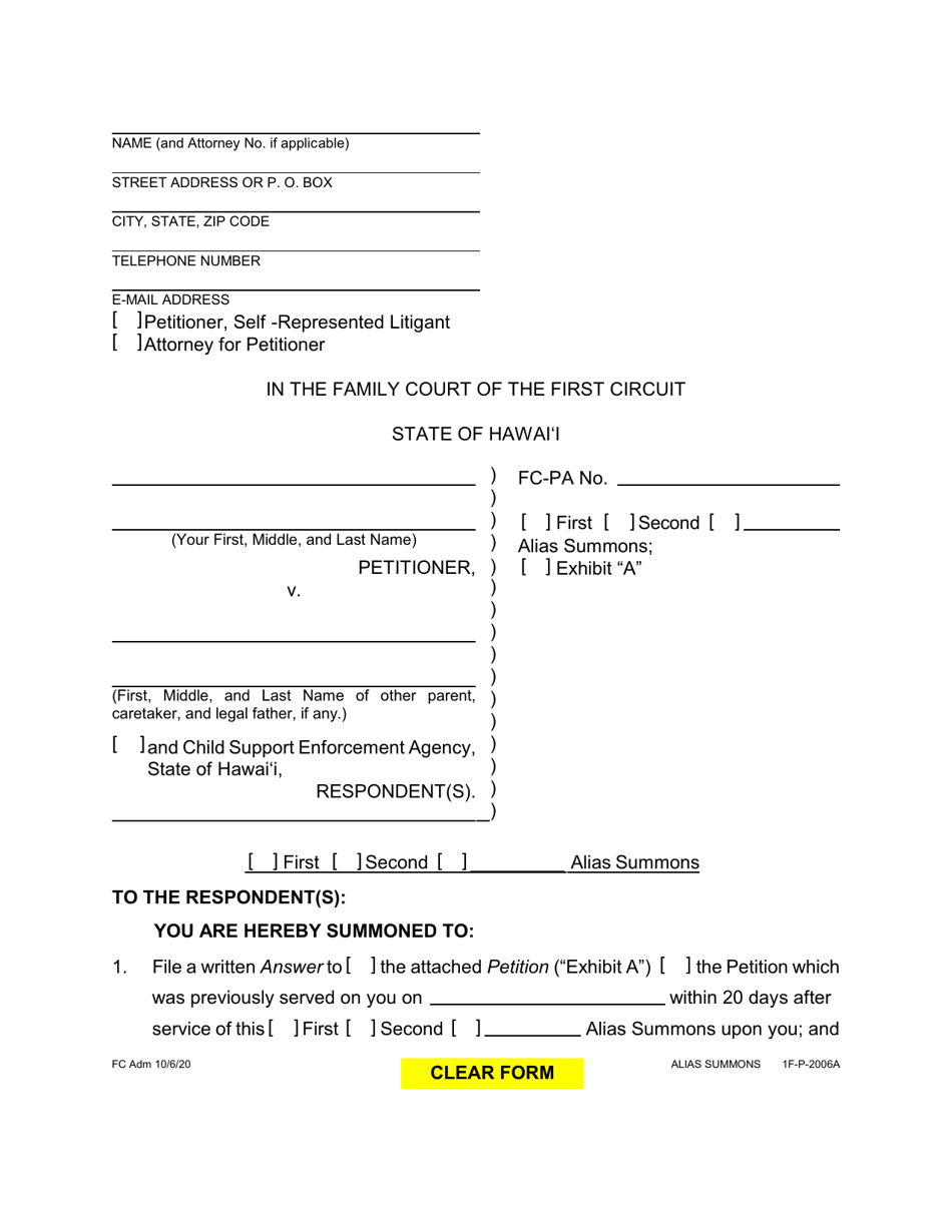 Form 1F-P-2006A Alias Summons - Hawaii, Page 1