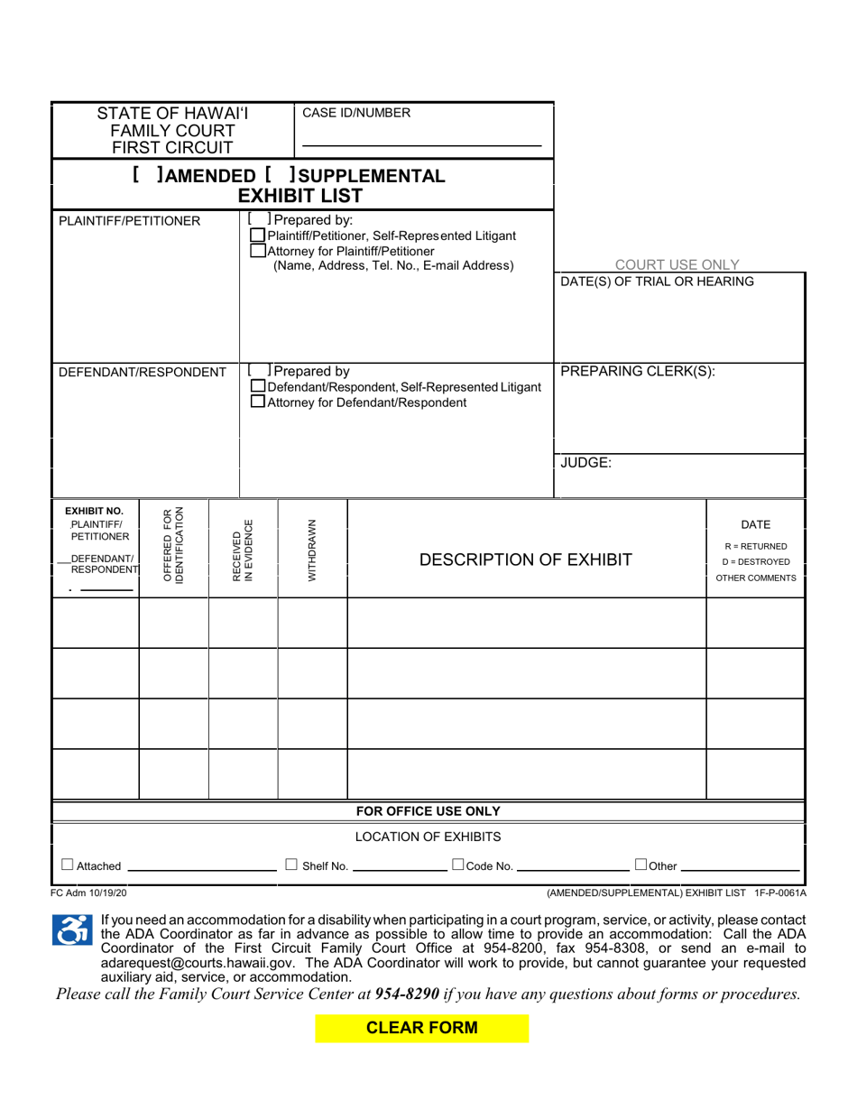Form 1F-P-0061A Amended / Supplemental Exhibit List - Hawaii, Page 1