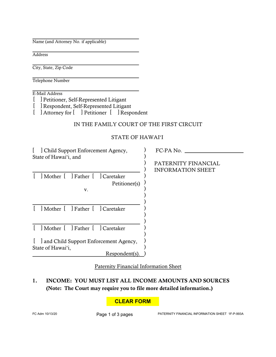 Form 1F-P-993A Paternity Financial Information Sheet - Hawaii, Page 1