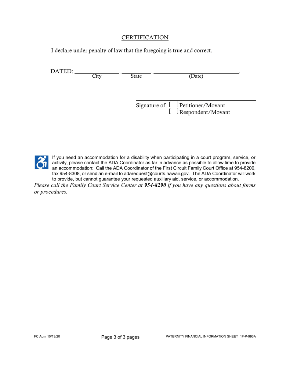 Form 1F-P-993A Paternity Financial Information Sheet - Hawaii, Page 3