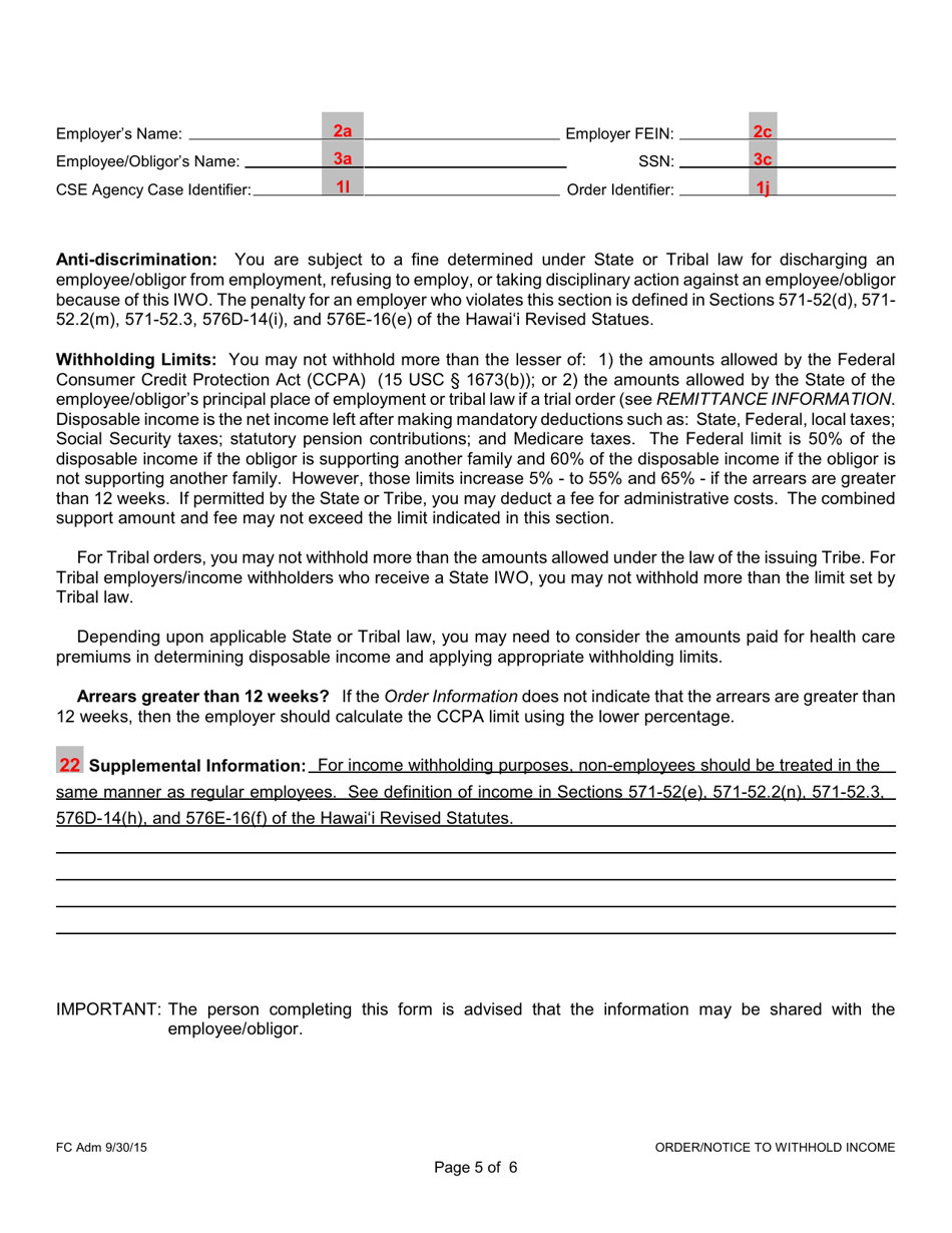 Instructions for Form 1F-P-888A Order / Notice to Withhold Income for Support - Hawaii, Page 12
