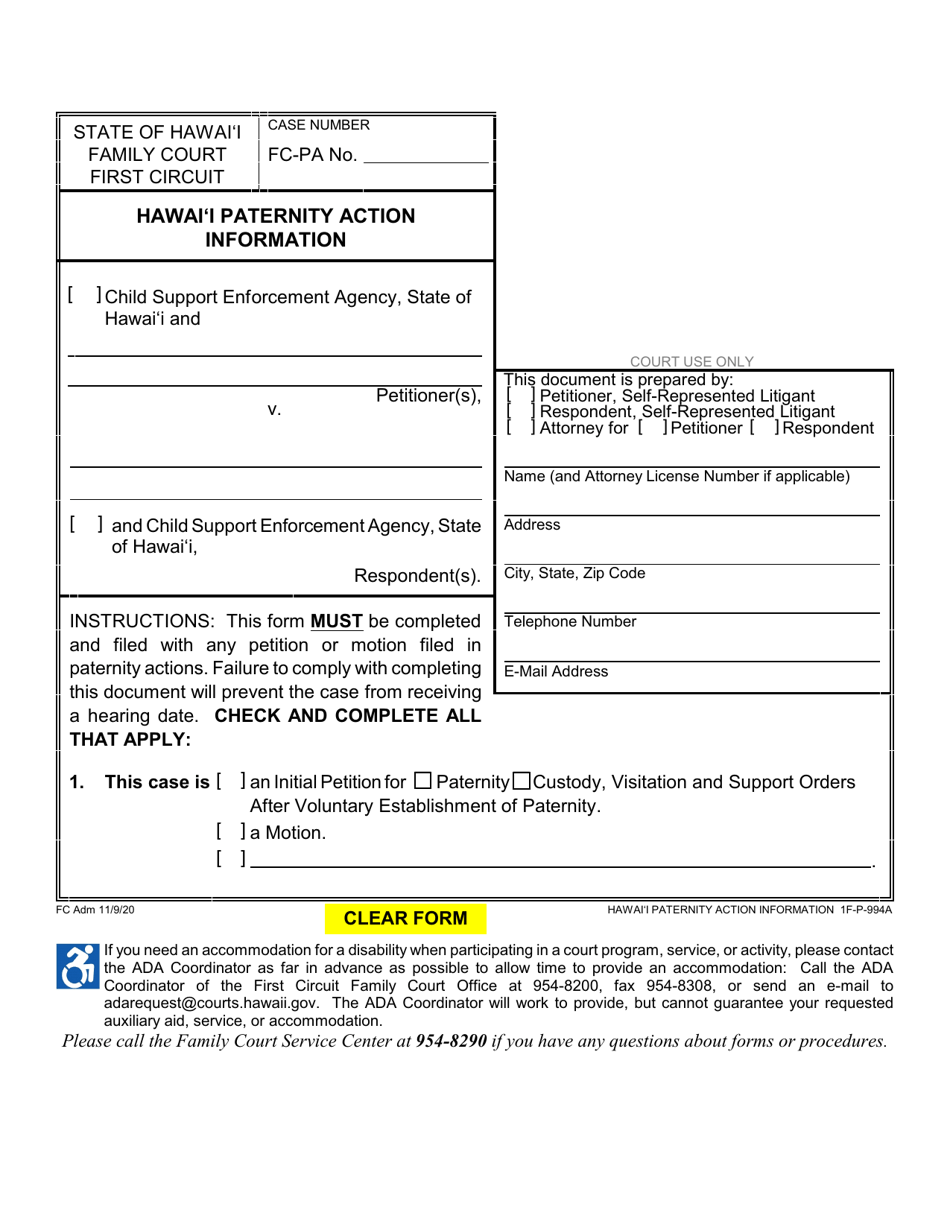 Form 1F-P-994A Hawaii Paternity Action Information - Hawaii, Page 1