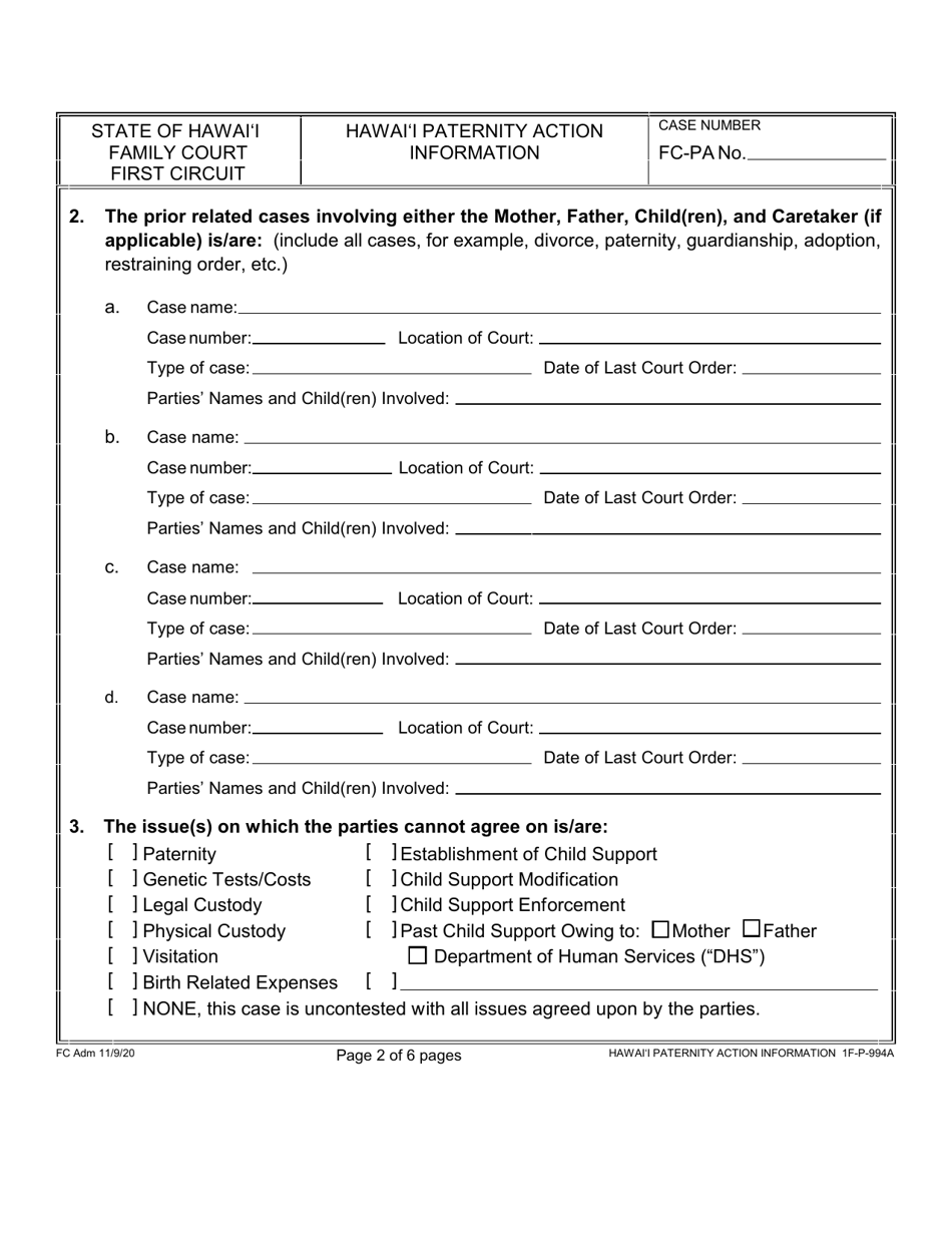 Form 1F-P-994A Hawaii Paternity Action Information - Hawaii, Page 2