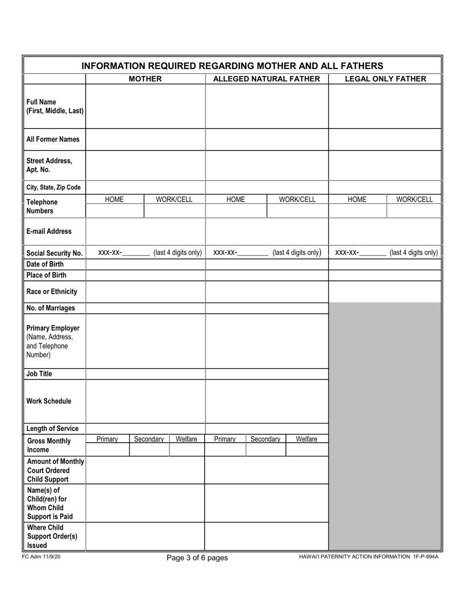 Form 1F-P-994A Hawaii Paternity Action Information - Hawaii, Page 3