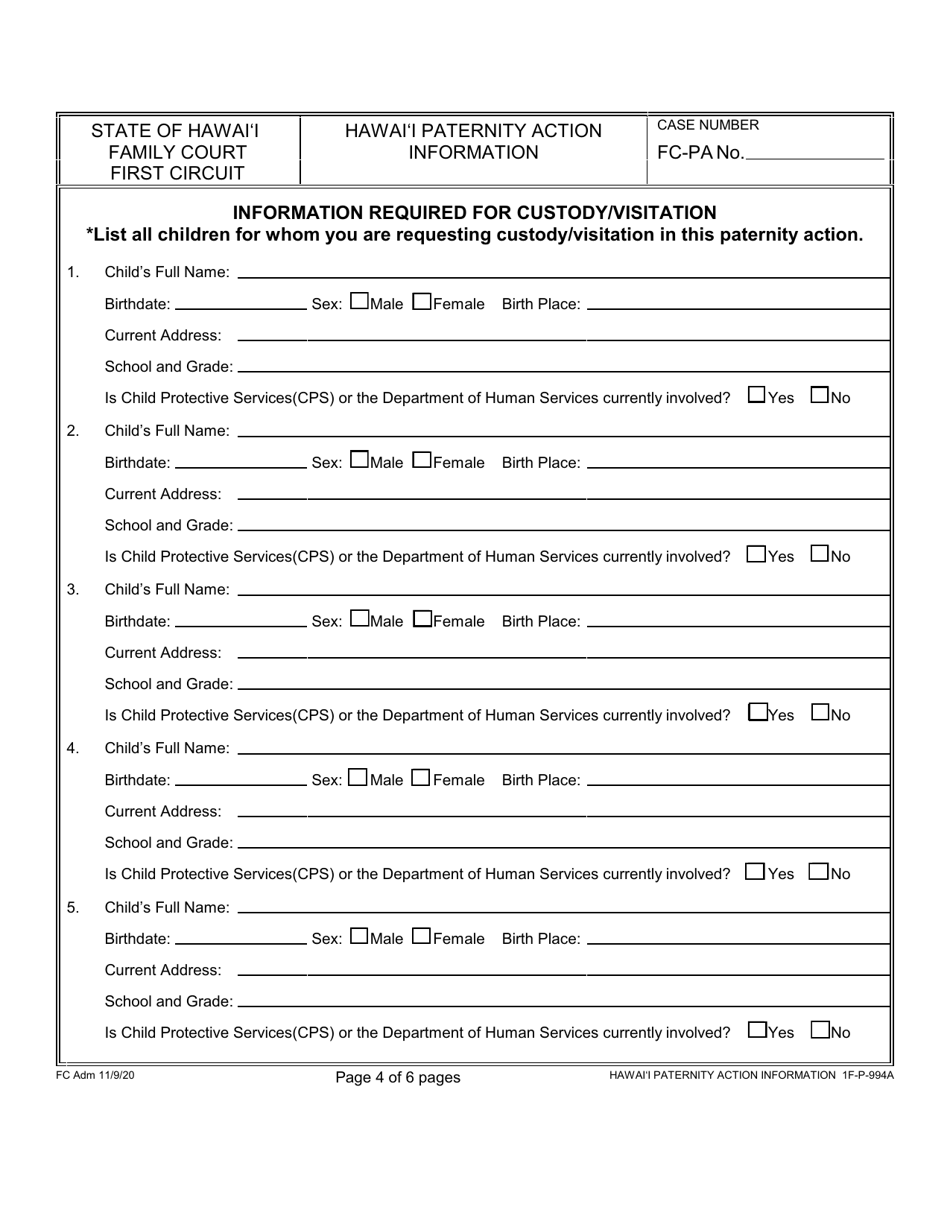 Form 1F-P-994A Hawaii Paternity Action Information - Hawaii, Page 4