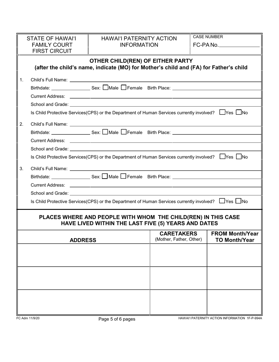 Form 1F-P-994A Hawaii Paternity Action Information - Hawaii, Page 5