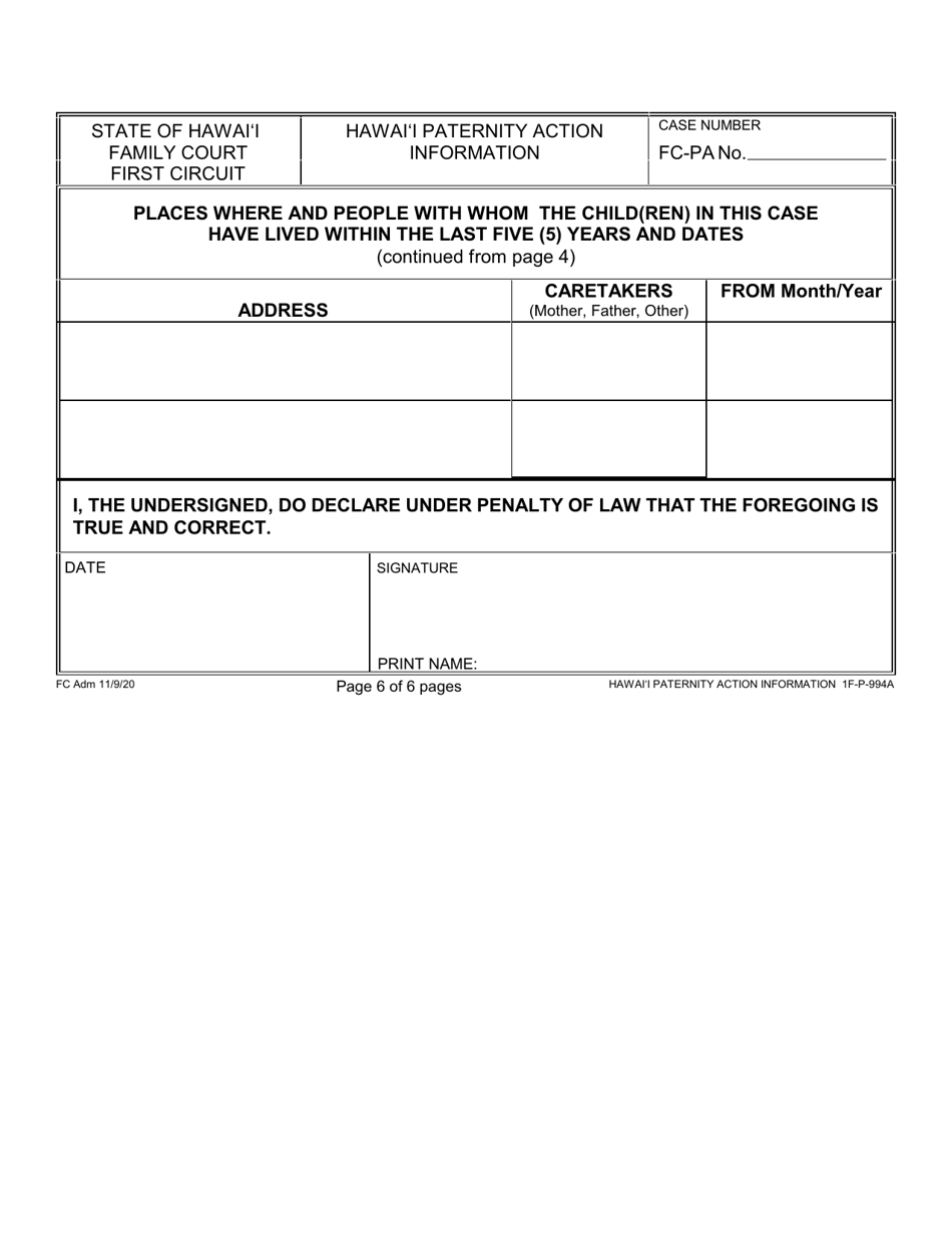 Form 1F-P-994A Hawaii Paternity Action Information - Hawaii, Page 6