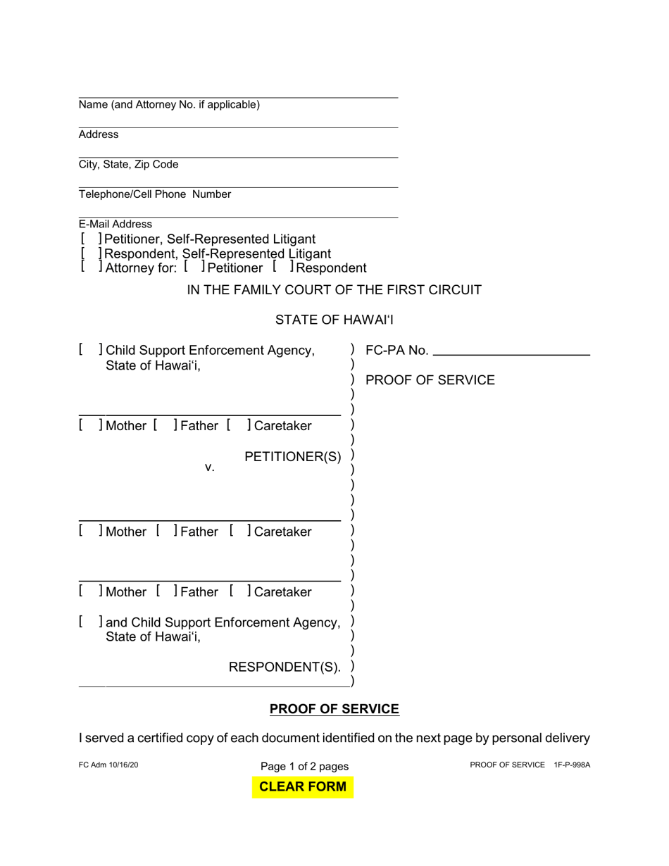 Form 1F-P-998A Proof of Service - Hawaii, Page 1