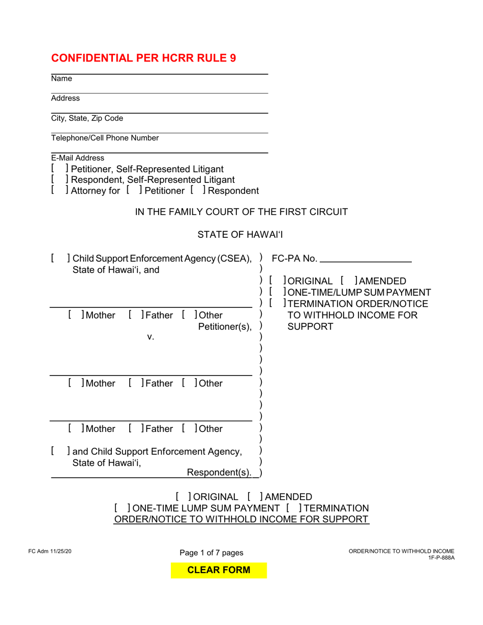 Form 1F-P-888A Order / Notice to Withhold Income for Support - Hawaii, Page 1