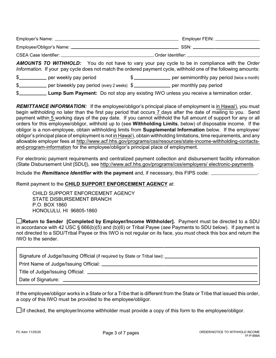 Form 1F-P-888A Order / Notice to Withhold Income for Support - Hawaii, Page 3