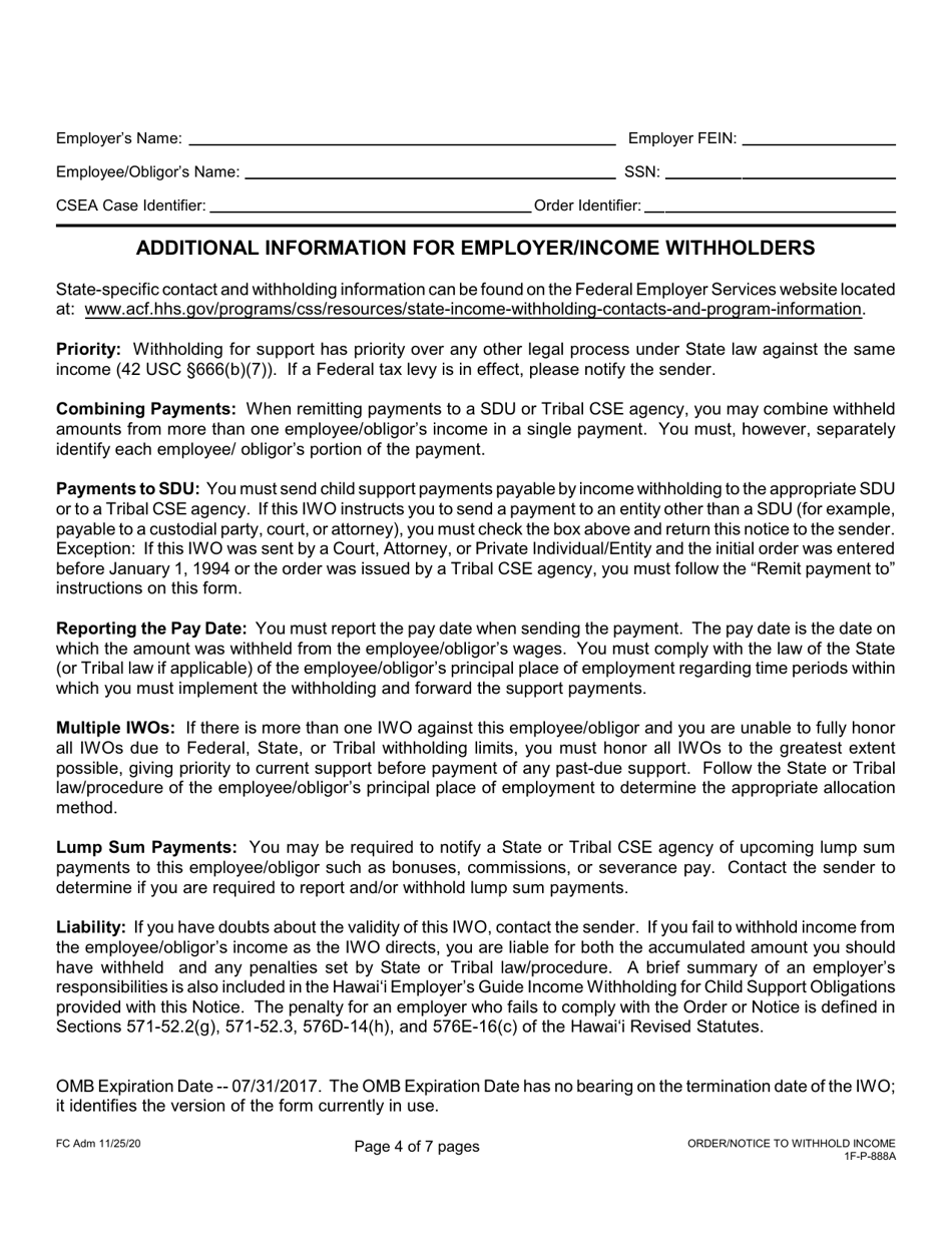 Form 1F-P-888A Order / Notice to Withhold Income for Support - Hawaii, Page 4