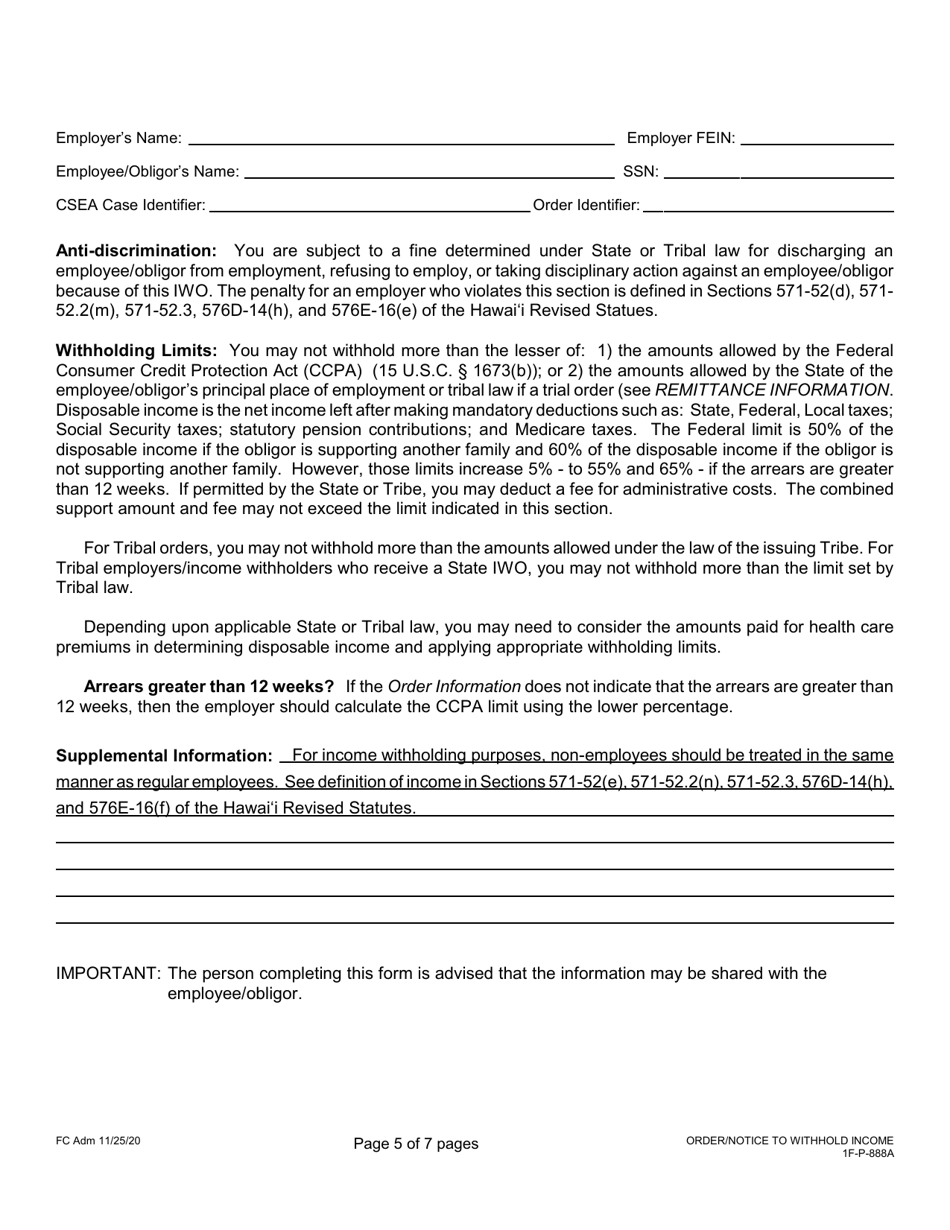 Form 1F-P-888A Order / Notice to Withhold Income for Support - Hawaii, Page 5