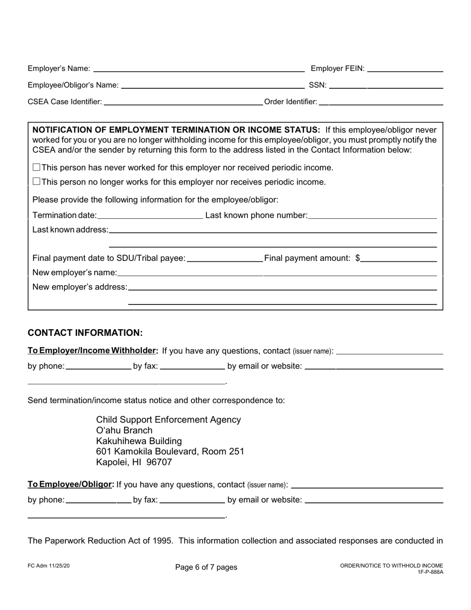 Form 1F-P-888A Order / Notice to Withhold Income for Support - Hawaii, Page 6