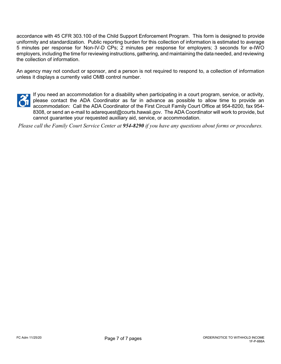 Form 1F-P-888A Order / Notice to Withhold Income for Support - Hawaii, Page 7