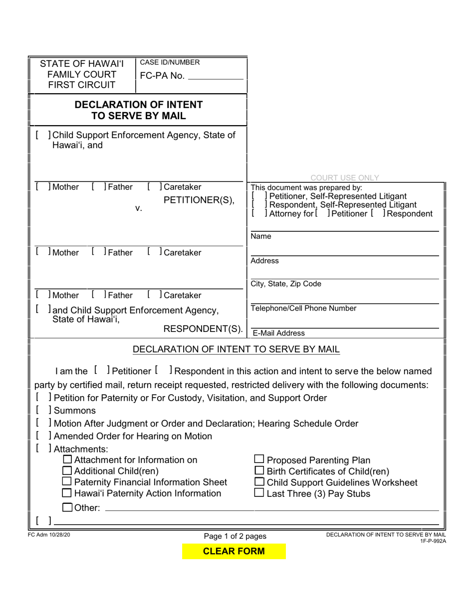 Form 1F-P-992A Declaration of Intent to Serve by Mail - Hawaii, Page 1