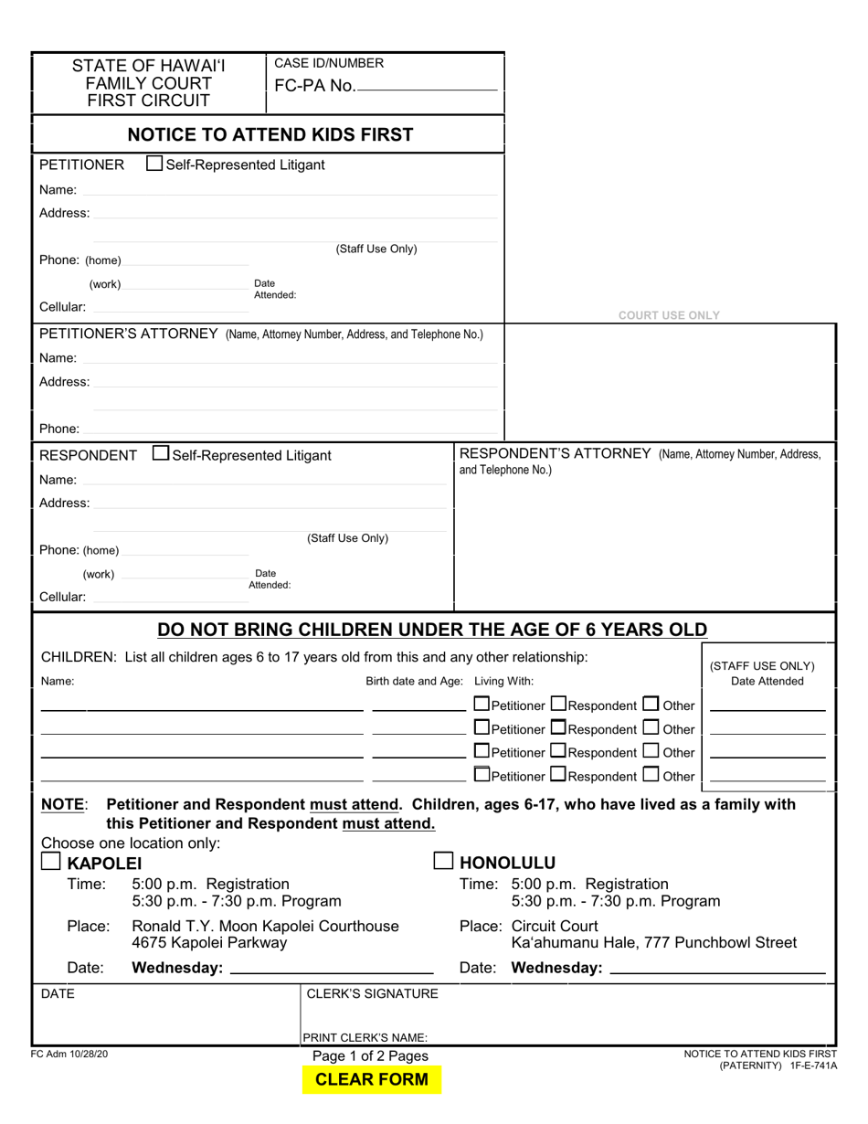 Form 1F-E-741A Notice to Attend Kids First - Hawaii, Page 1